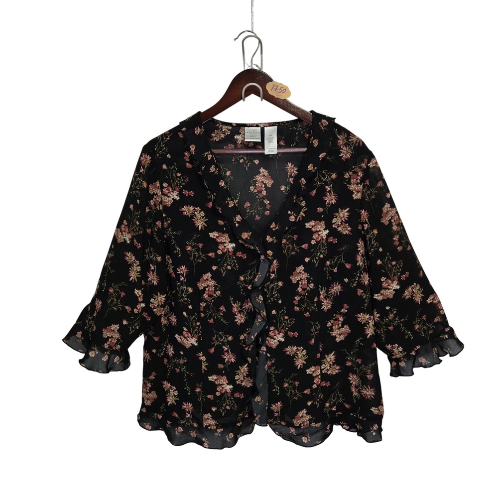Emma James Woman Black Floral Ruffle V-Neck Blouse 16W 3/4 Sleeve Chiffon Top